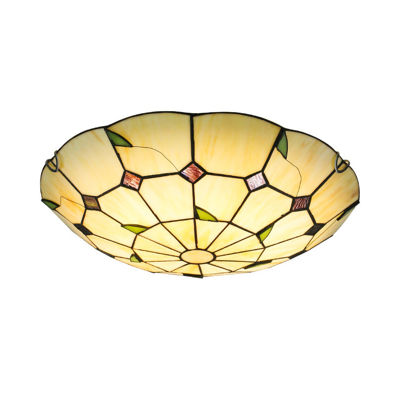 Tiffany Style Glass Bowl Led Ceiling Light - Handcrafted Beige Flush Mount For Hallway