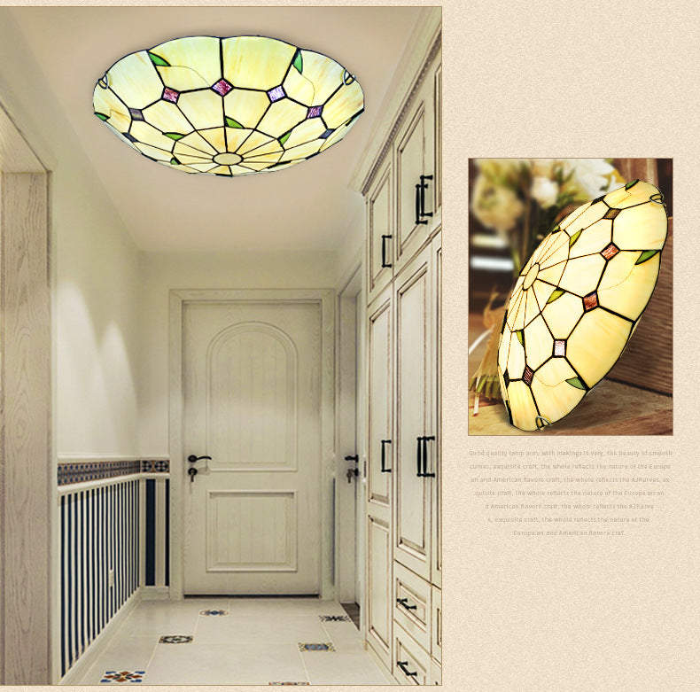 Tiffany Style Glass Bowl Led Ceiling Light - Handcrafted Beige Flush Mount For Hallway