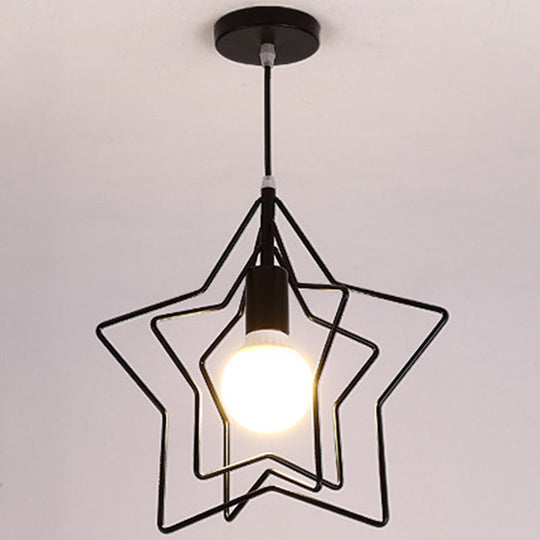 Industrial Style Metal Wire Cage Pendant Light Fixture For Foyer Black / Star