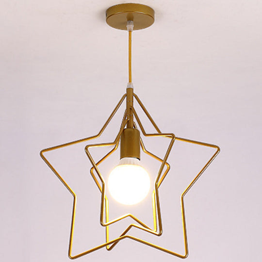 Industrial Style Metal Wire Cage Pendant Light Fixture For Foyer Gold / Star