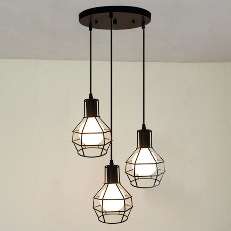 Open Cage Industrial Pendant Ceiling Light - Black Metal Hanging Fixture