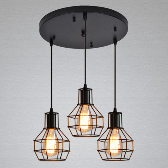 Open Cage Industrial Pendant Ceiling Light - Black Metal Hanging Fixture