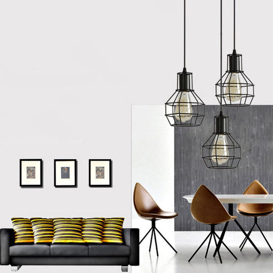 Open Cage Industrial Pendant Ceiling Light - Black Metal Hanging Fixture