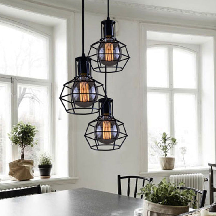 Open Cage Industrial Pendant Ceiling Light - Black Metal Hanging Fixture