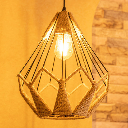 Industrial Beige Rope Pyramid Cage Pendant Light For Coffee Shop