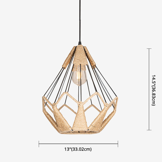 Industrial Beige Rope Pyramid Cage Pendant Light For Coffee Shop