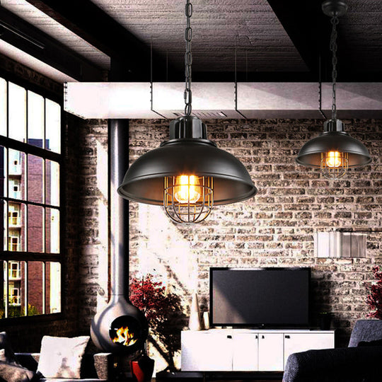 Industrial Metal Cage Pendant Ceiling Light In Black - Stylish Dining Room Hanging Lighting