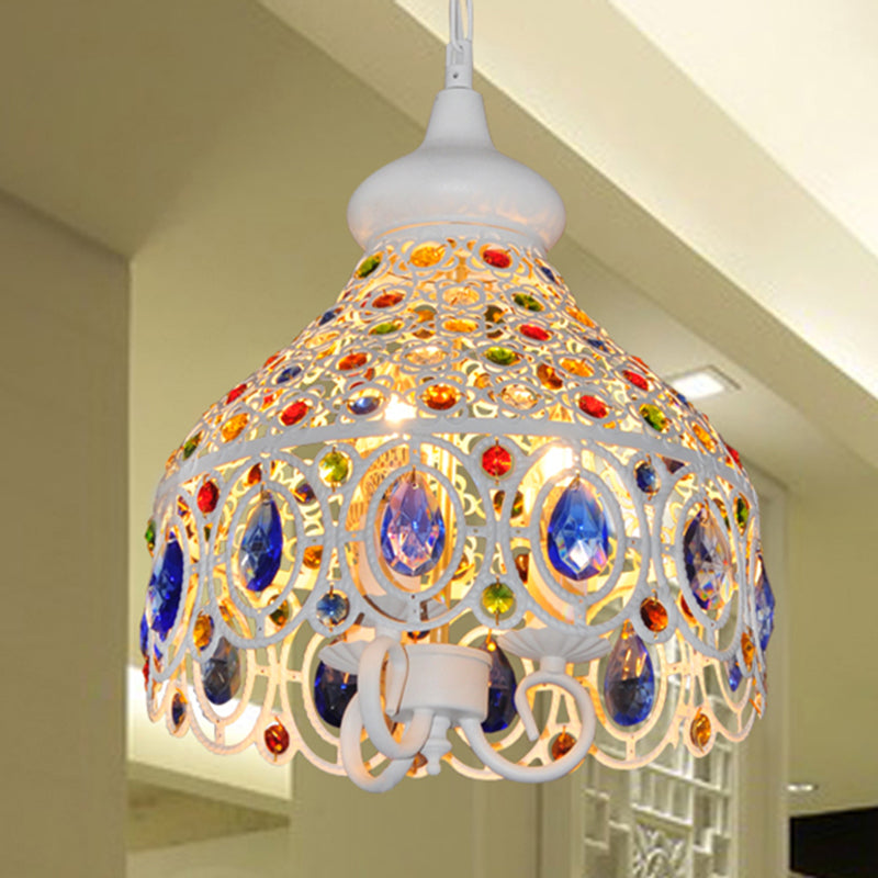 Bohemia Metal Pendant Lighting With Crystal Gem Deco - White Dome Hanging Ceiling Light For Foyer 3