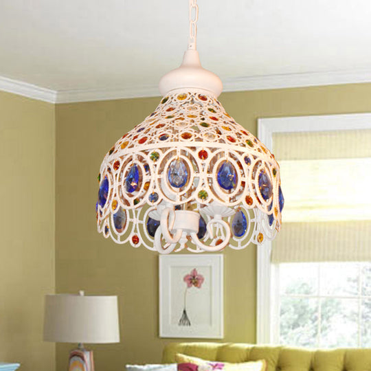 Bohemia Metal Pendant Lighting With Crystal Gem Deco - White Dome Hanging Ceiling Light For Foyer 3