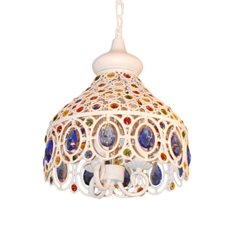 Bohemia Metal Pendant Lighting With Crystal Gem Deco - White Dome Hanging Ceiling Light For Foyer 3