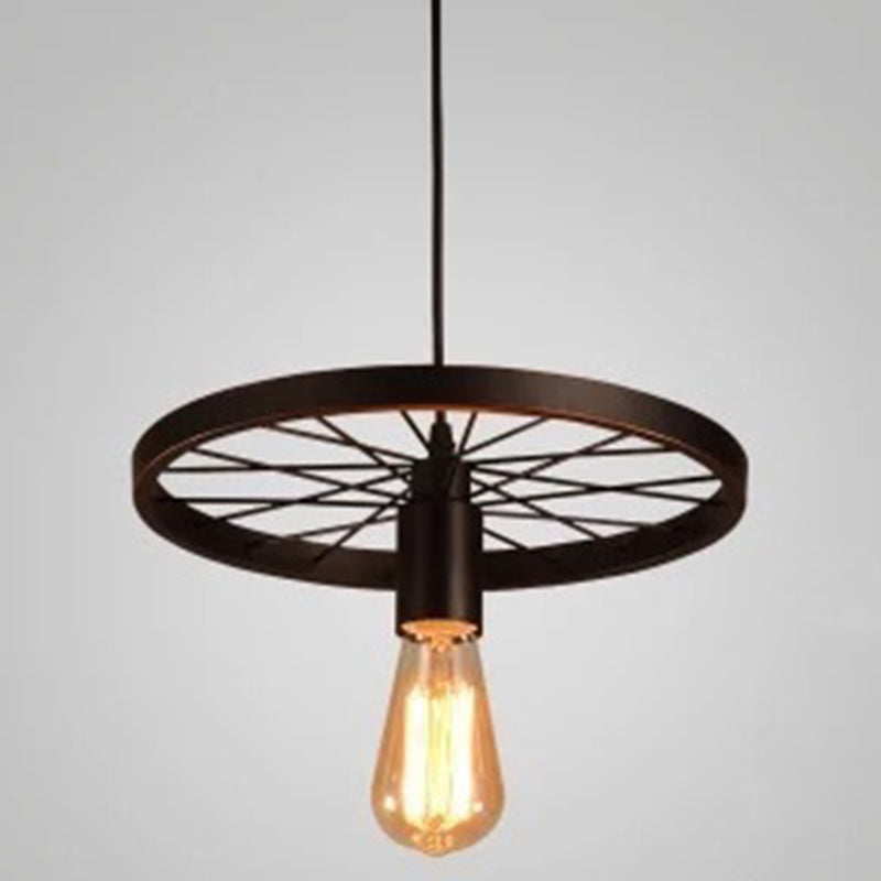 Vintage Black Metal Wagon Wheel Hanging Pendant Light For Coffee Shop Suspension 1 / Matte