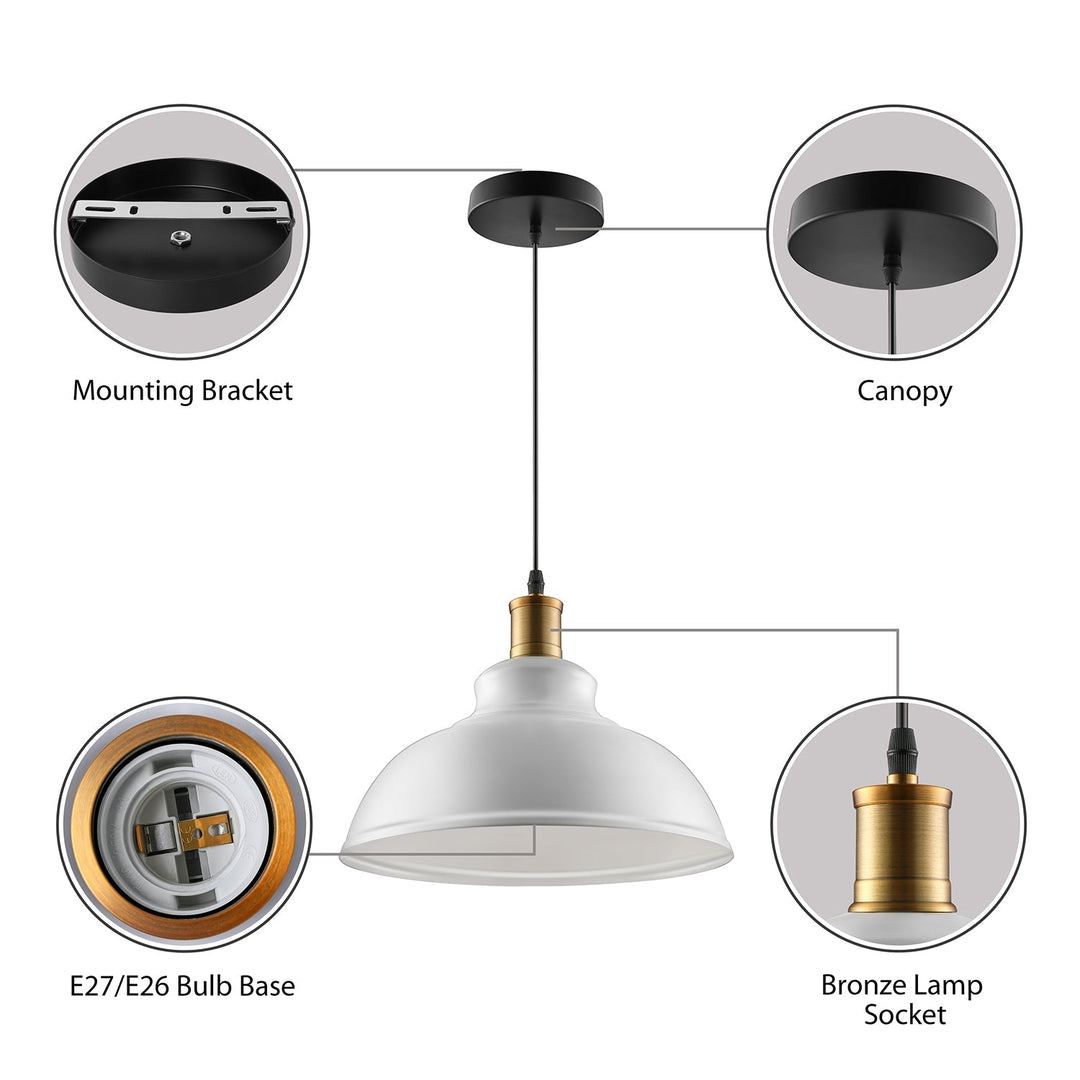 Adjustable Cord Black/White Retro Metal Dome Shade Ceiling Pendant - 1 Bulb Hanging Fixture in 12"/14"/16" W