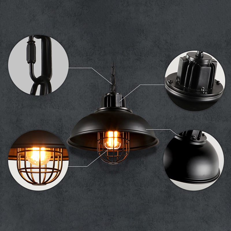 Industrial Black Metal Pendant Light Fixture For Dining Room Ceiling - Wire Cage Hanging Luminaire