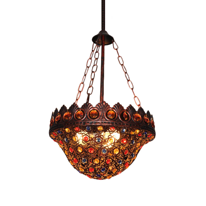 Rustic Copper Bohemia 3-Light Suspension Lamp: Crystal & Metal Bowl Ceiling Light For Corridor