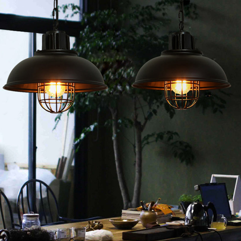 Industrial Black Metal Pendant Light Fixture For Dining Room Ceiling - Wire Cage Hanging Luminaire