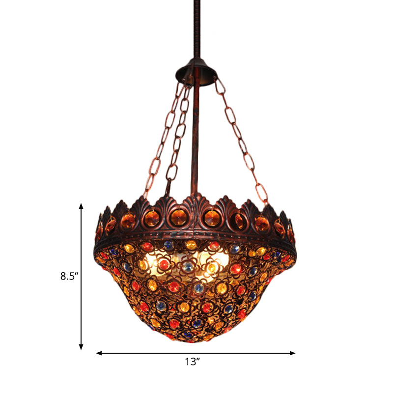 Rustic Copper Bohemia 3-Light Suspension Lamp: Crystal & Metal Bowl Ceiling Light For Corridor