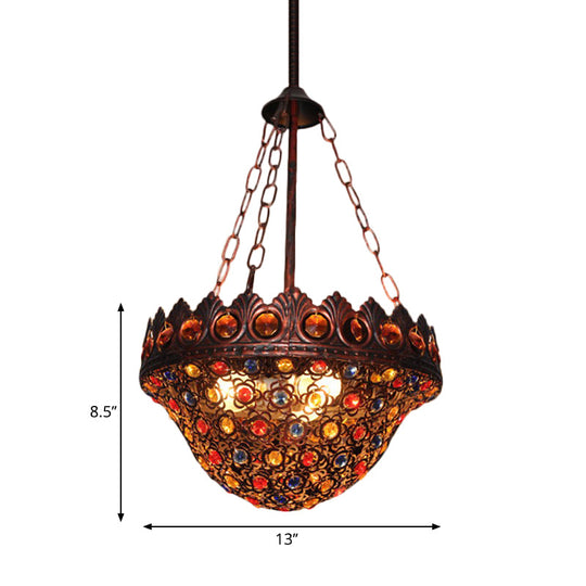 Rustic Copper Bohemia 3-Light Suspension Lamp: Crystal & Metal Bowl Ceiling Light For Corridor