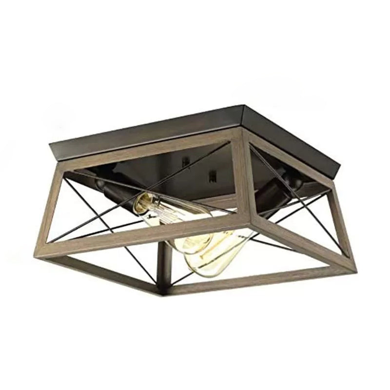 Industrial Metal Square Dining Room Flush Ceiling Light: Sleek Close-To-Ceiling Fixture Light Wood