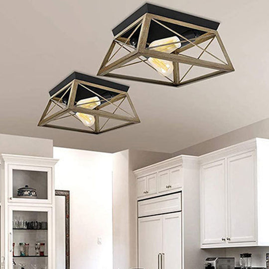 Industrial Metal Square Dining Room Flush Ceiling Light: Sleek Close-To-Ceiling Fixture