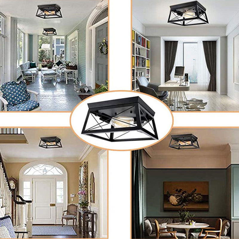 Industrial Metal Square Dining Room Flush Ceiling Light: Sleek Close-To-Ceiling Fixture