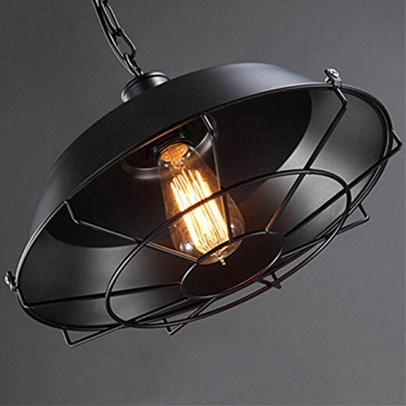 Vintage Metal Pendant Light For Commercial Use With Black Cage Shade