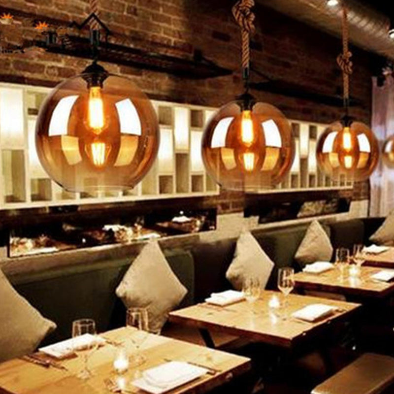 Beige Glass Pendant Light Fixture: Round Industrial Style For Restaurants