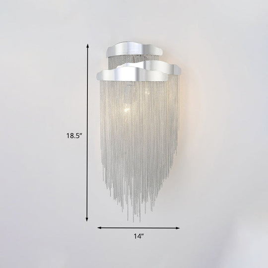 Modern Silver Metal Chain Wall Light Fixture With 3 Sconce Lights For Bedroom