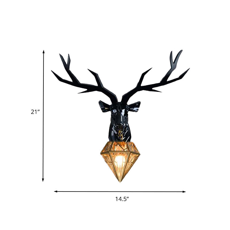 Traditional Resin Deer Wall Light With Diamond Metal Shade - 1 Sconce In White/Black 14.5/19.5 Wide