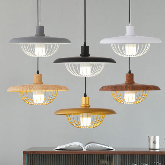 Wire Cage Down Lighting Pendant With Metal Shade - Modern Style Fixture