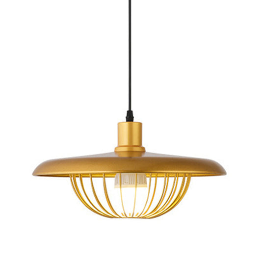 Wire Cage Down Lighting Pendant With Metal Shade - Modern Style Fixture Gold