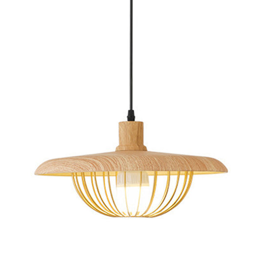 Wire Cage Down Lighting Pendant With Metal Shade - Modern Style Fixture Wood