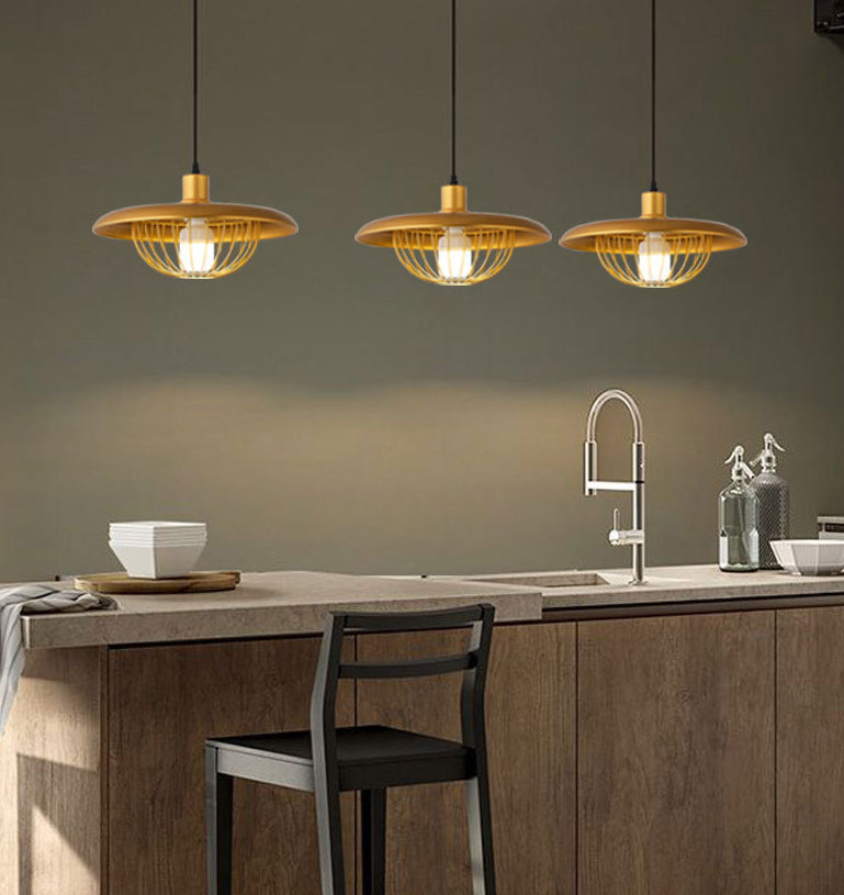 Wire Cage Down Lighting Pendant With Metal Shade - Modern Style Fixture