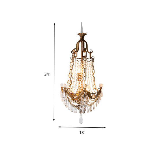 Traditional Brass Wall Mount Sconce With 3 Lights Metal And Crystal Detailing