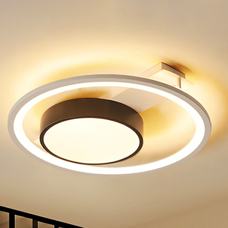 Modern Black And White Led Ceiling Light: Simple Drum Flush Lamp With Halo Ring 16/19.5 Wide / 16