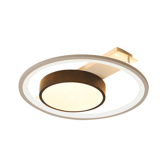 Modern Black And White Led Ceiling Light: Simple Drum Flush Lamp With Halo Ring 16/19.5 Wide