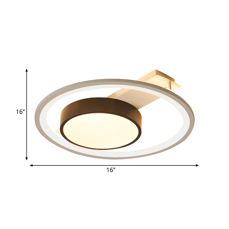 Modern Black And White Led Ceiling Light: Simple Drum Flush Lamp With Halo Ring 16/19.5 Wide