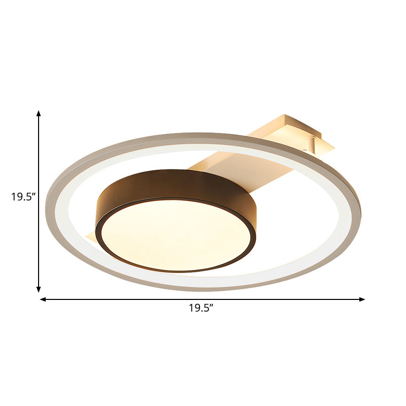 Modern Black and White LED Ceiling Light: Simple Drum Flush Lamp with Halo Ring, 16"/19.5" Wide