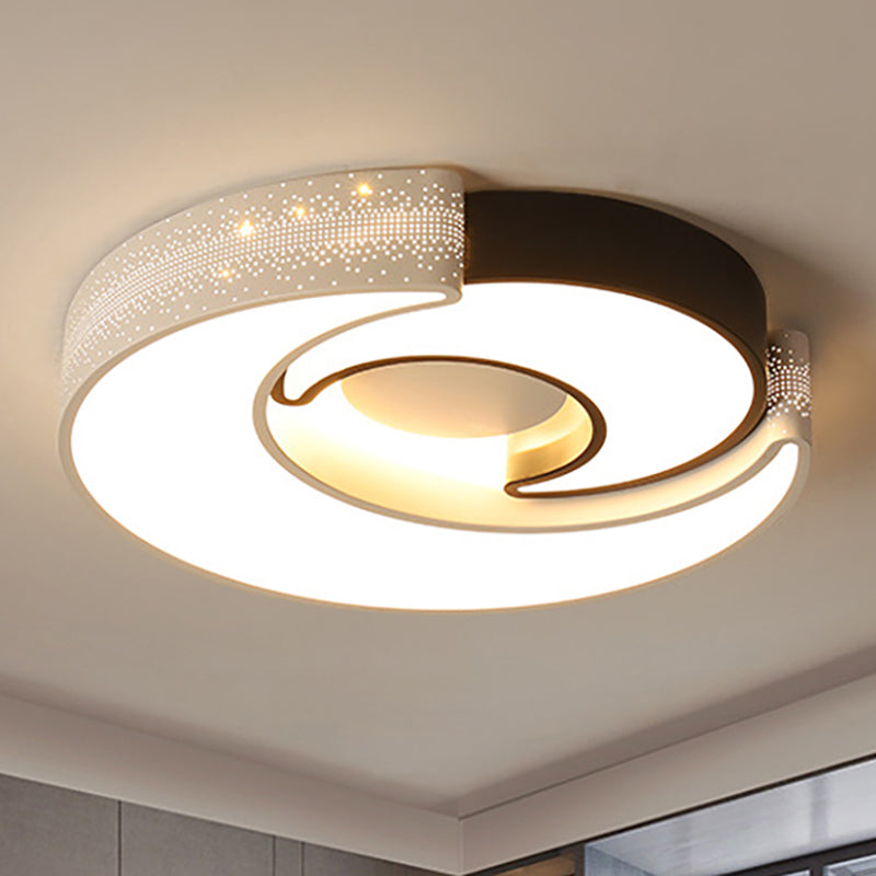 Modern Moon Flush Lighting - Black and White Iron Ceiling Flushmount in Warm/White, 16"/19.5" Wide