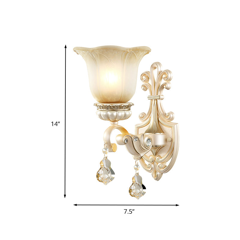 Traditional White Glass Wall Mount Sconce Light With Crystal Drop - 1/2 Lights For Hallways