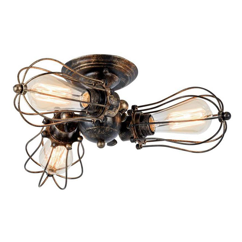 Industrial Wire Cage Metal Bedroom Ceiling Light - Rustic Close-To-Ceiling Mount Rust