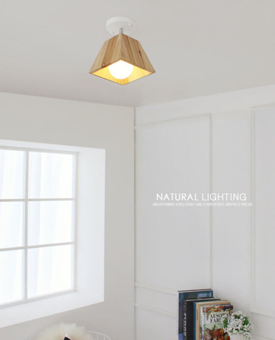 Minimalist Square Wooden White Ceiling Flush Mount Light Fixture