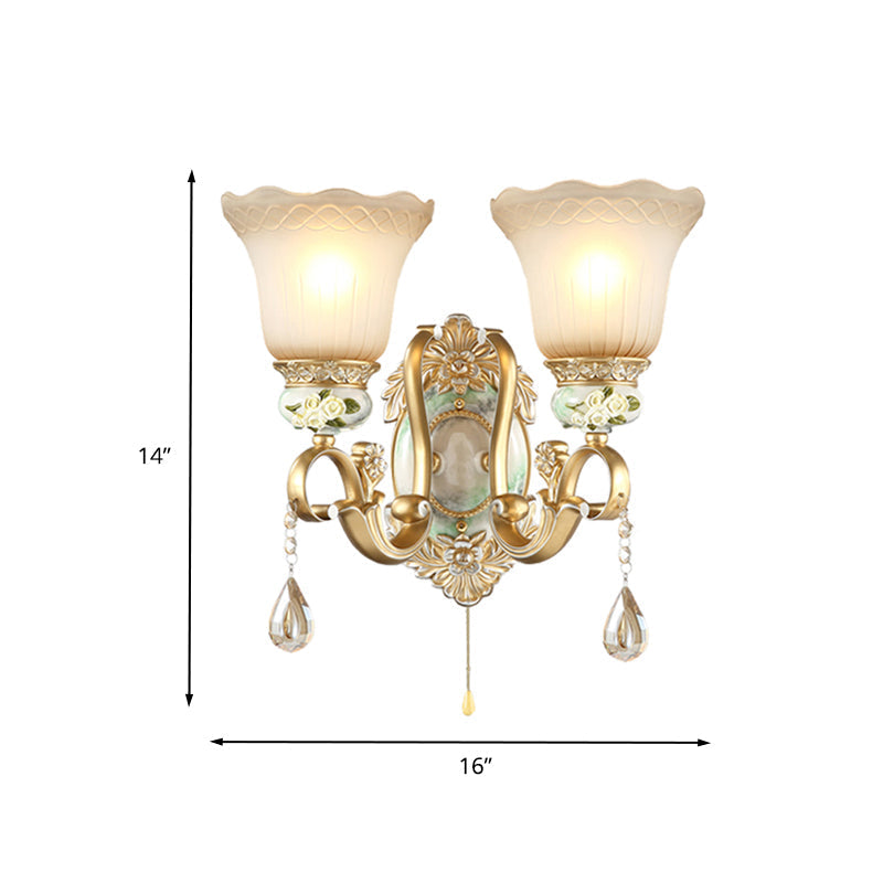 Vintage White Glass Wall Sconce With Gold Scallop Design And 1/2 Lights - Elegant Golden Arm