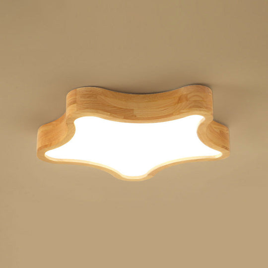 Contemporary Led Wood Flush Mount Ceiling Light With Star Wooden Shade - Perfect For Bedroom / Warm