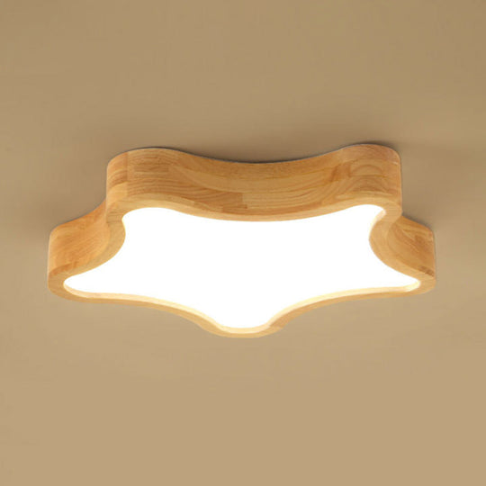 Contemporary Led Wood Flush Mount Ceiling Light With Star Wooden Shade - Perfect For Bedroom /