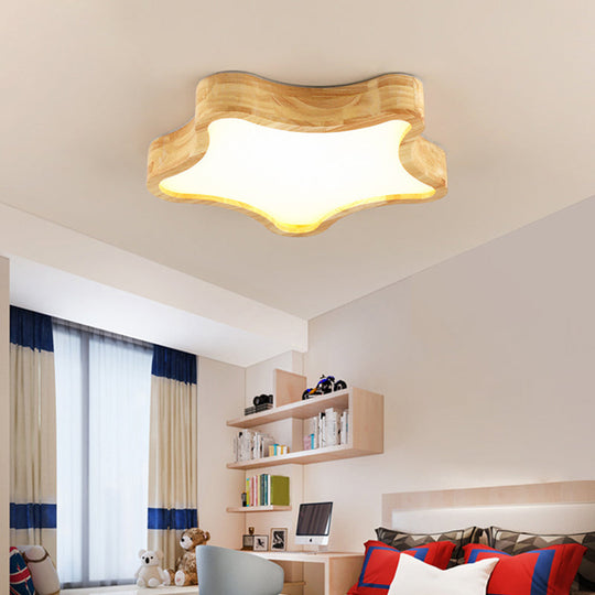 Contemporary Led Wood Flush Mount Ceiling Light With Star Wooden Shade - Perfect For Bedroom