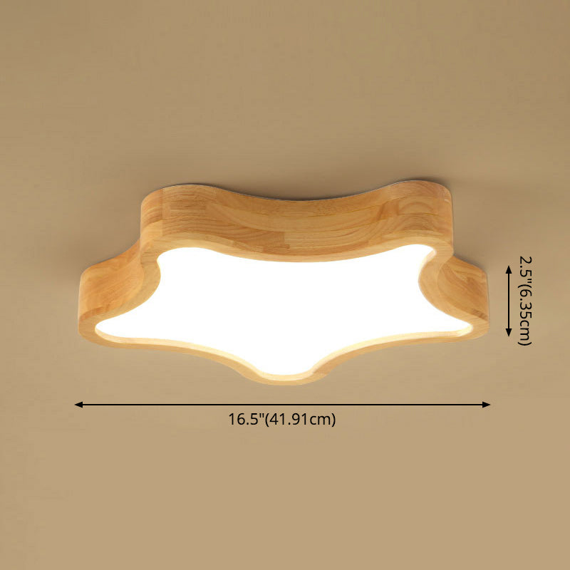 Contemporary Led Wood Flush Mount Ceiling Light With Star Wooden Shade - Perfect For Bedroom