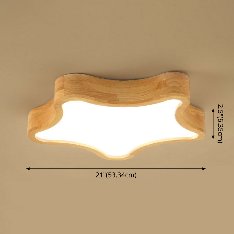 Contemporary Led Wood Flush Mount Ceiling Light With Star Wooden Shade - Perfect For Bedroom