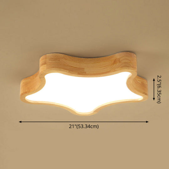 Contemporary Led Wood Flush Mount Ceiling Light With Star Wooden Shade - Perfect For Bedroom