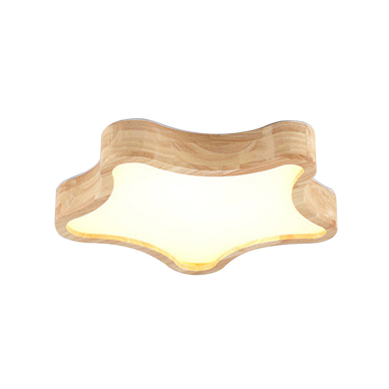 Contemporary Led Wood Flush Mount Ceiling Light With Star Wooden Shade - Perfect For Bedroom