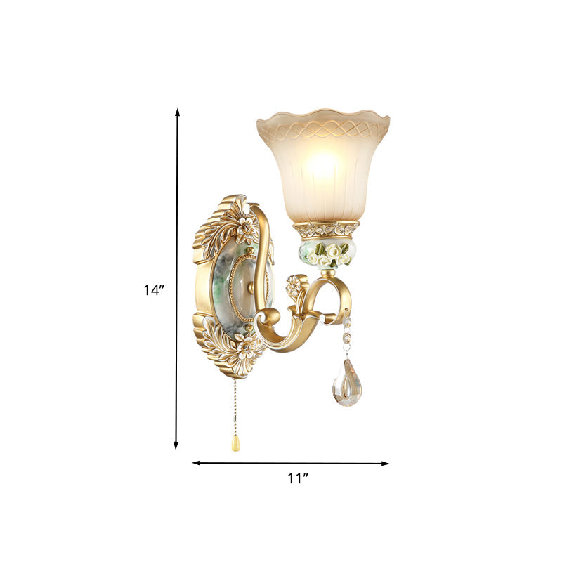 Vintage White Glass Wall Sconce With Gold Scallop Design And 1/2 Lights - Elegant Golden Arm